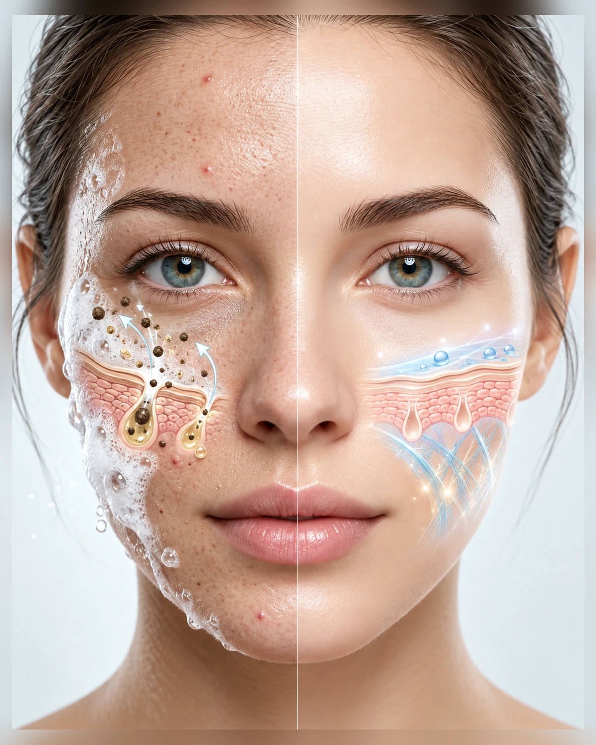 Simulação do rosto antes e depois da limpeza