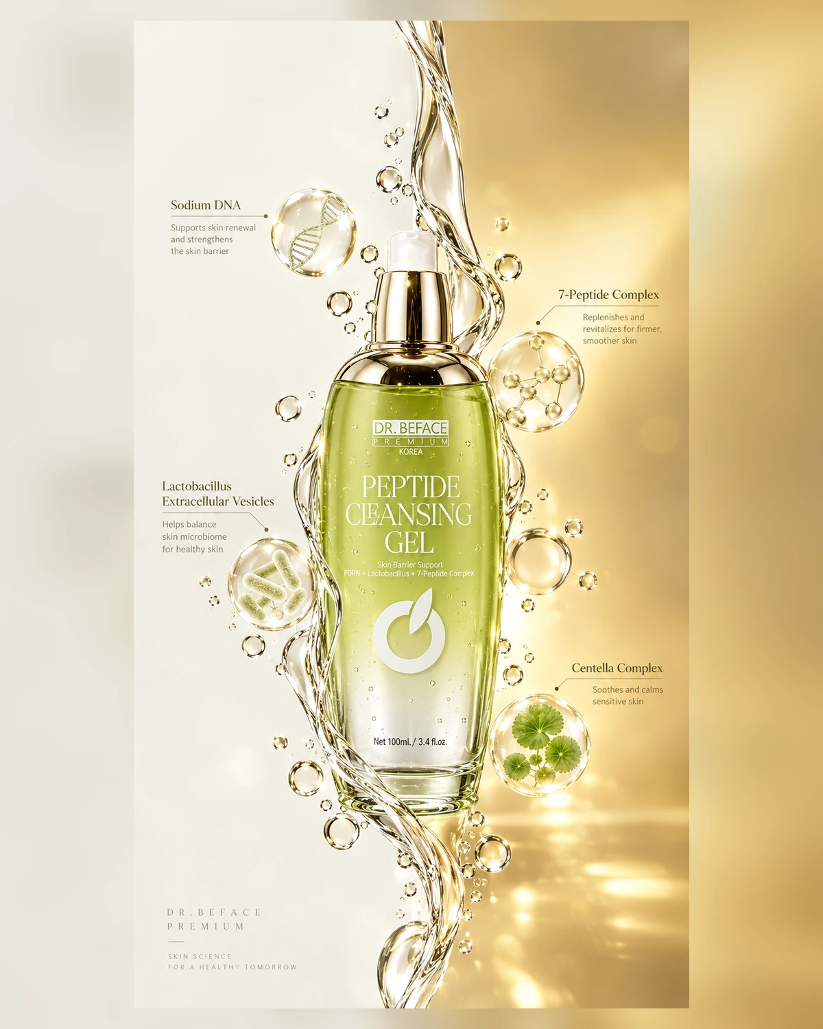 DR.BEFACE PREMIUM PEPTIDE CLEANSING GEL com ingredientes ativos em destaque.
