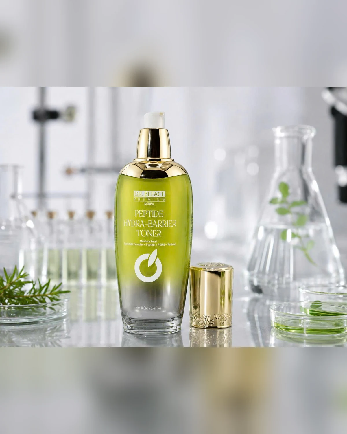 Frasco com bomba exposta — DR.BEFACE PREMIUM PEPTIDE HYDRA-BARRIER TONER
