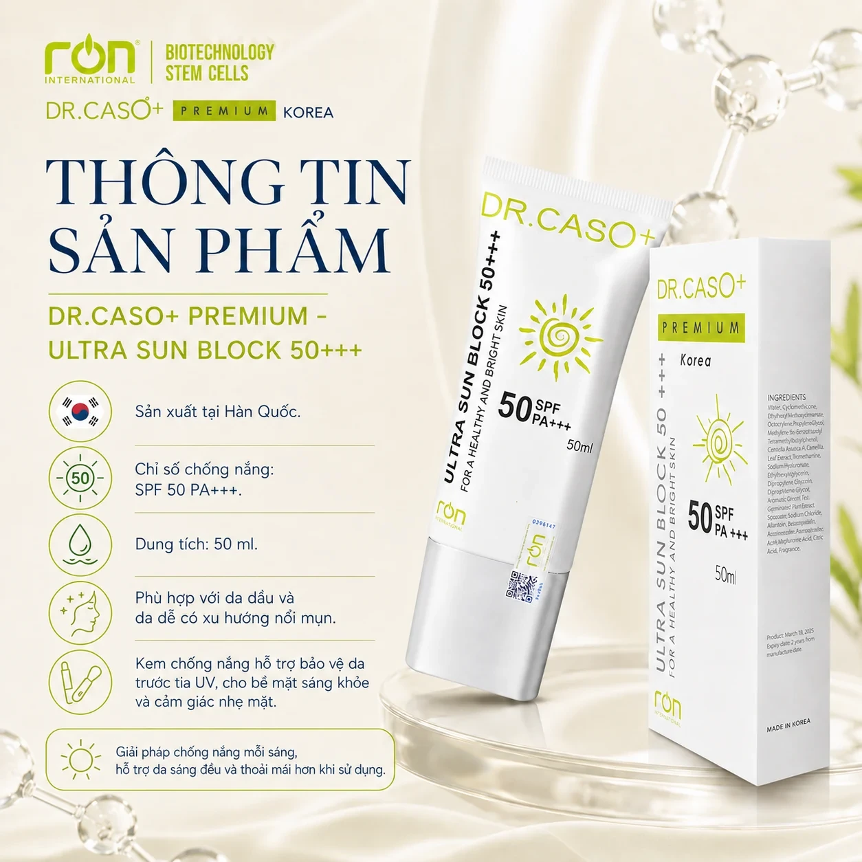 Thông tin sản phẩm · DR.CASO+ PREMIUM ULTRA SUN BLOCK 50+++
