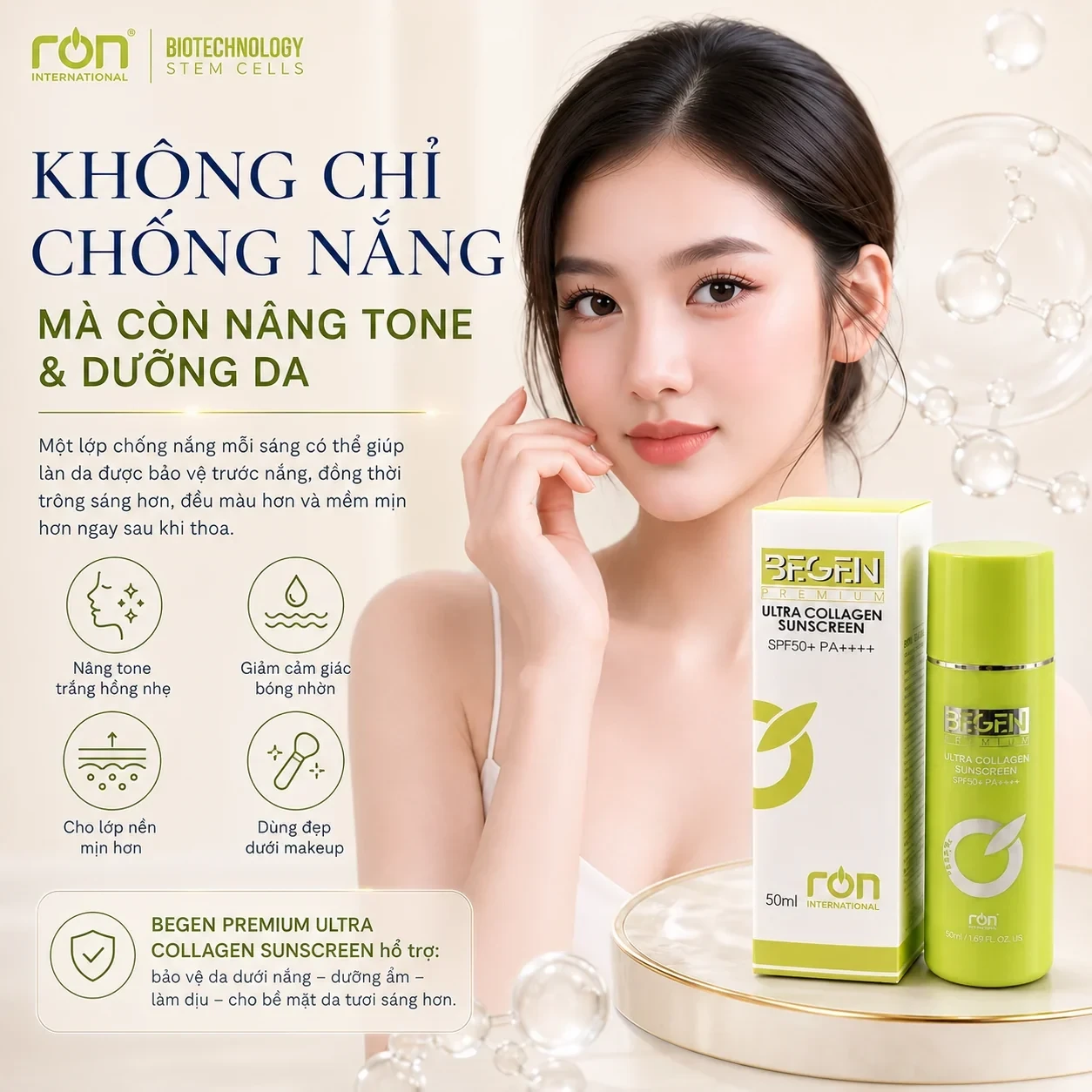 BEGEN PREMIUM ULTRA COLLAGEN SUNSCREEN cho hiệu ứng nâng tone tự nhiên và da bóng khỏe