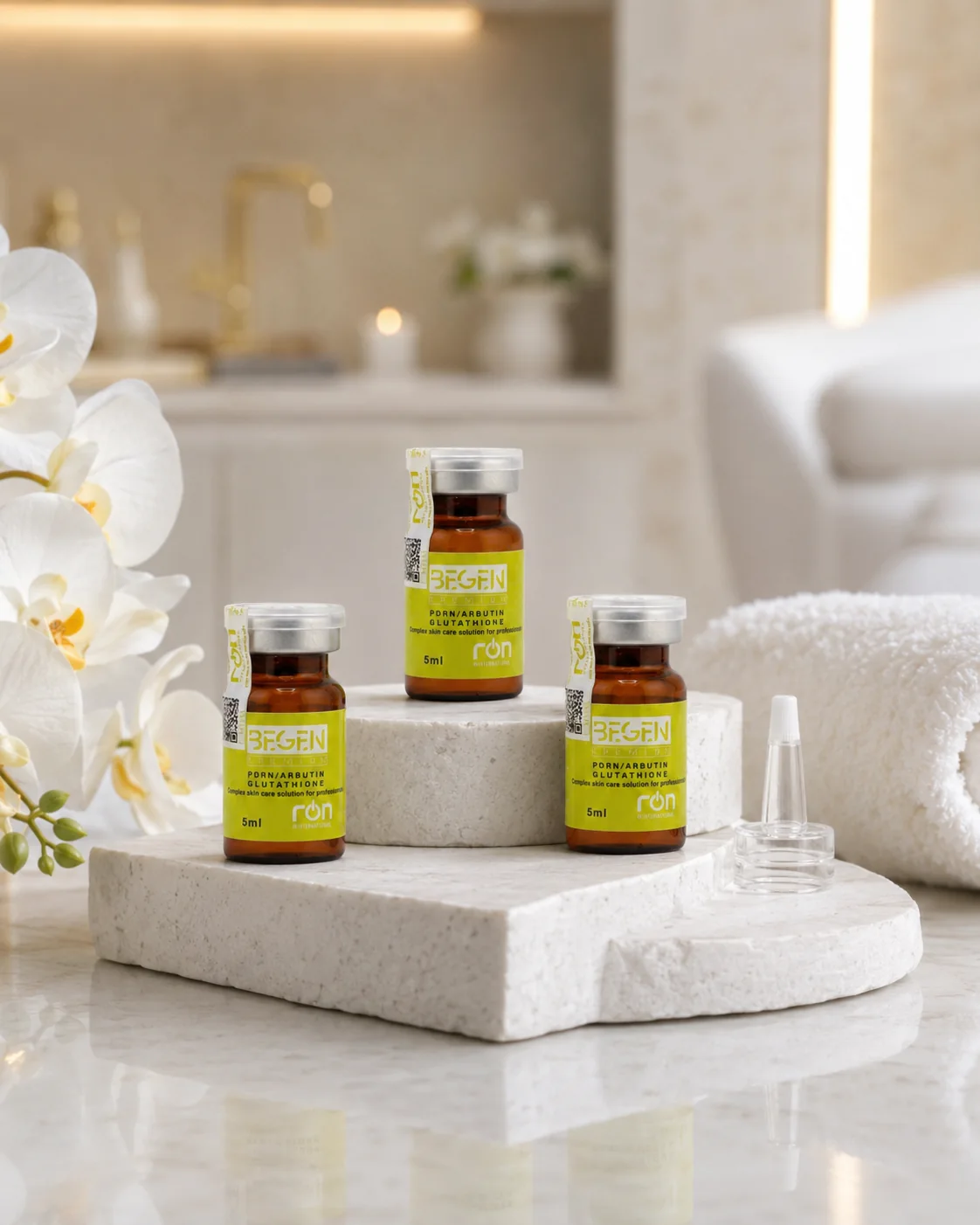 BEGEN ENJU STEM CELL 5 ml trên bục đá, cạnh hoa trắng