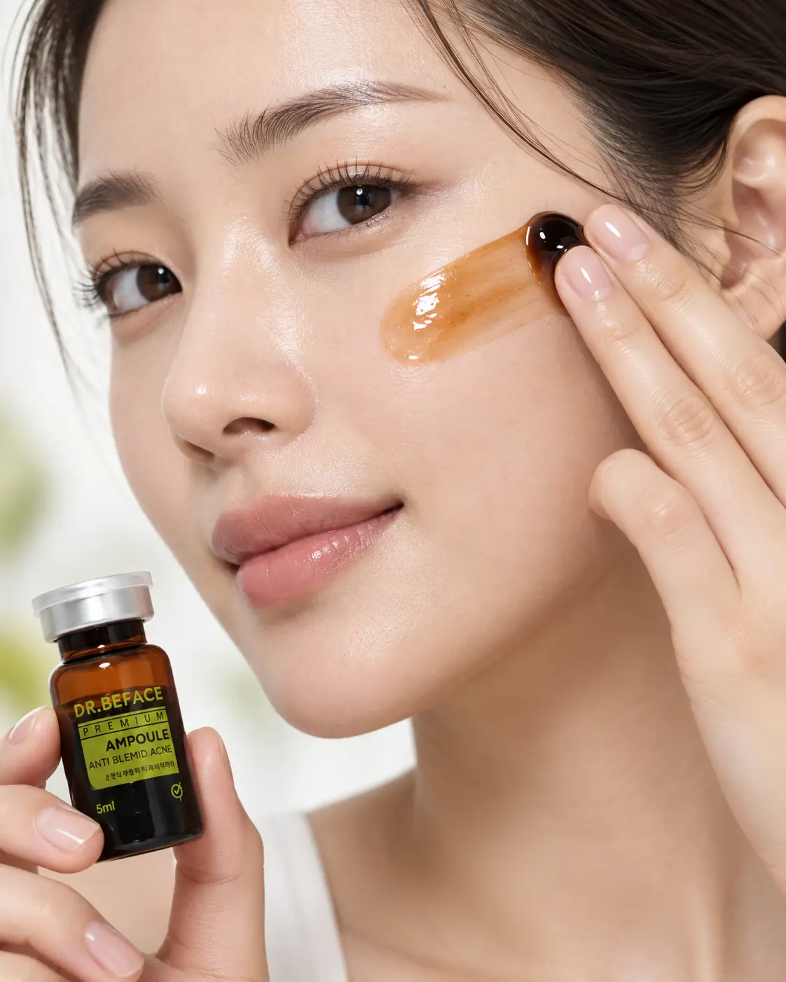 Modelo aplicando o sérum Anti Blemid Acne, de cor marrom translúcida, na bochecha