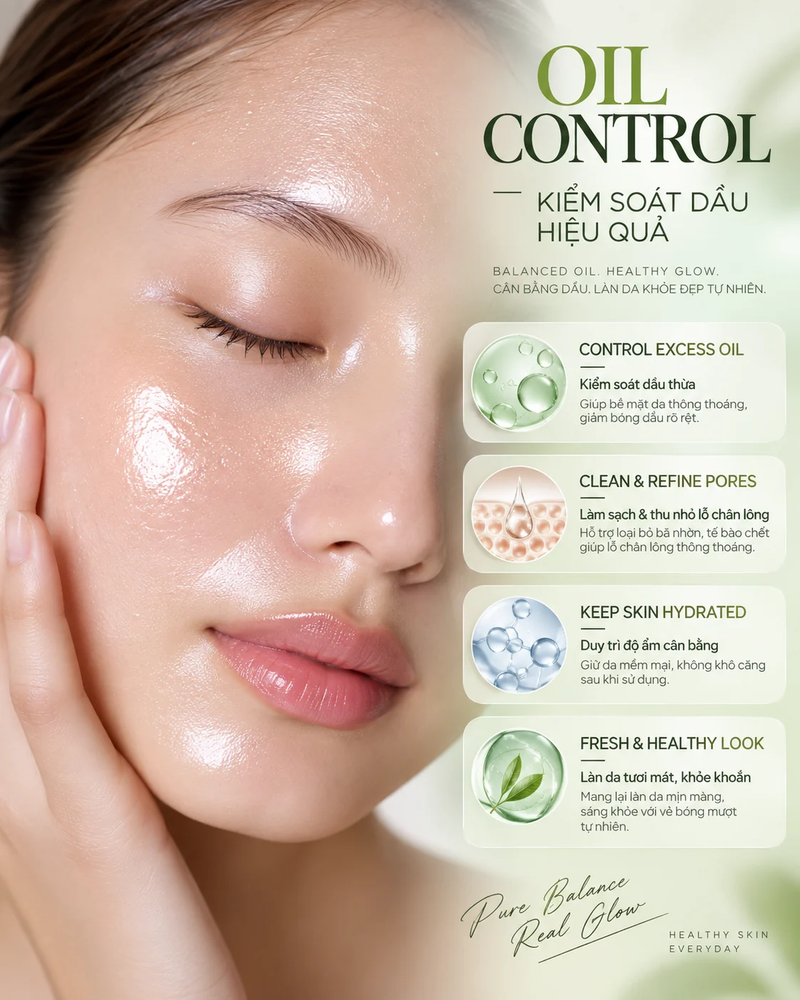 Infographic OIL CONTROL — kiểm soát dầu, làm sạch lỗ chân lông, giữ ẩm