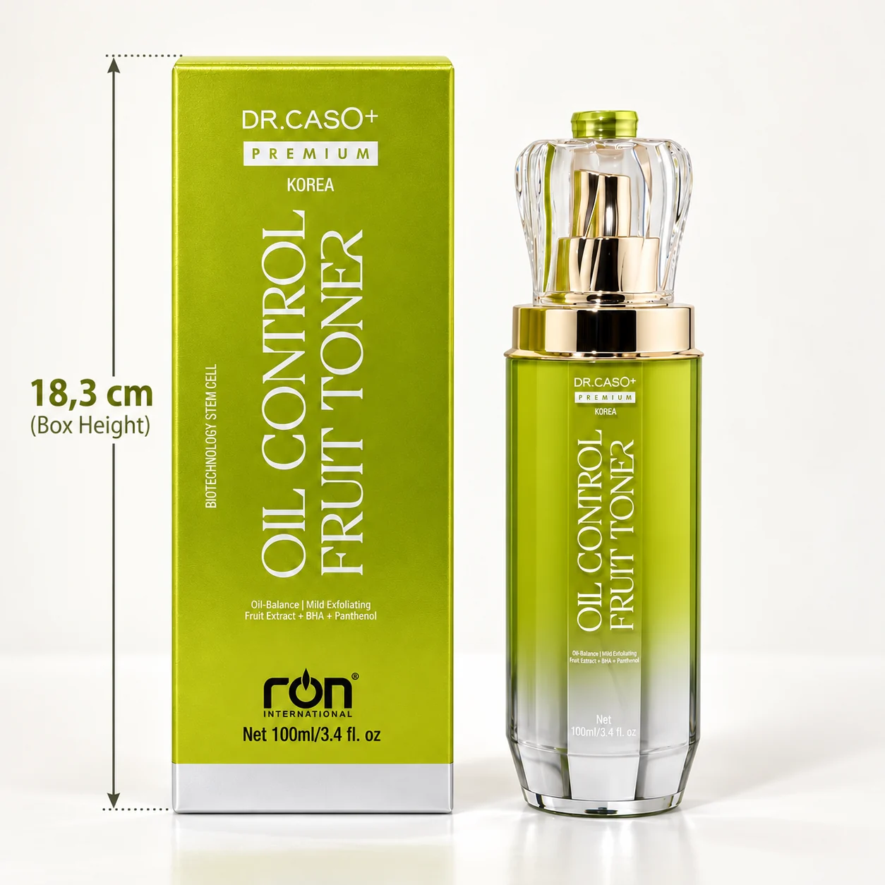 Hình sản phẩm và hộp giấy DR.CASO+ PREMIUM OIL CONTROL FRUIT TONER với chiều cao hộp 18,3 cm