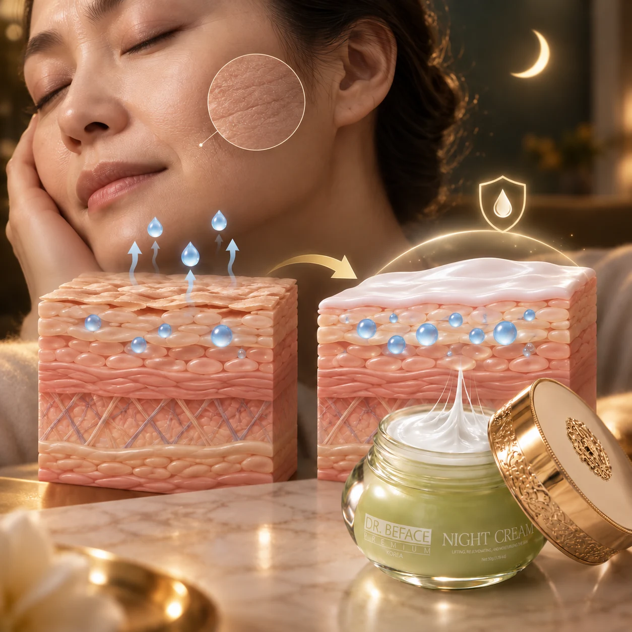 Độ ẩm thoát ra ở bề mặt da khô và được giữ lại dưới lớp kem dưỡng ban đêm.