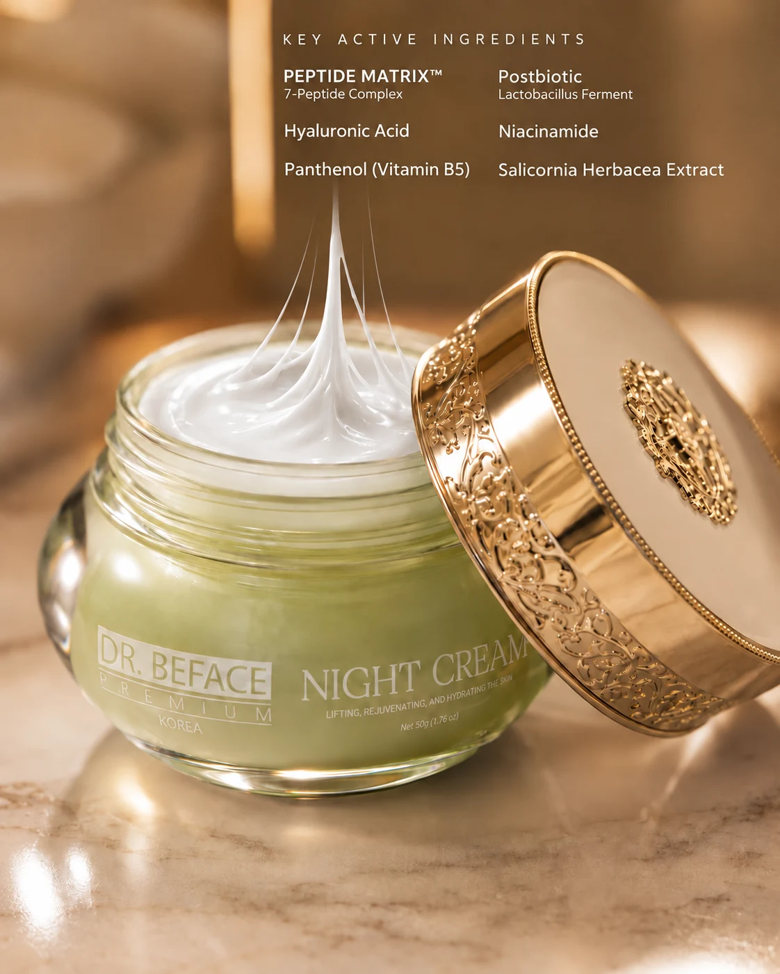 Hũ NIGHT CREAM với ghi chú tiếng Anh về 7 Peptide, Postbiotic, Hyaluronic Acid, Niacinamide, Panthenol và Salicornia Herbacea.