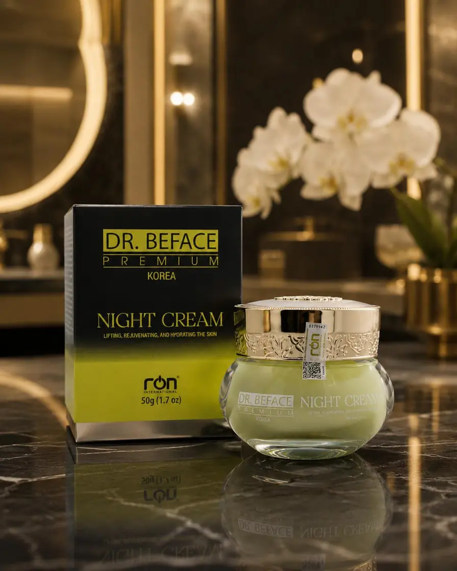 Hộp và hũ DR.BEFACE PREMIUM® NIGHT CREAM trong không gian ánh sáng vàng cao cấp.