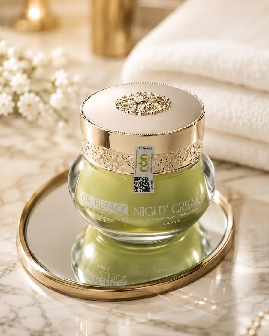 Hũ DR.BEFACE PREMIUM® NIGHT CREAM trong không gian chăm sóc da với khăn trắng và hoa.