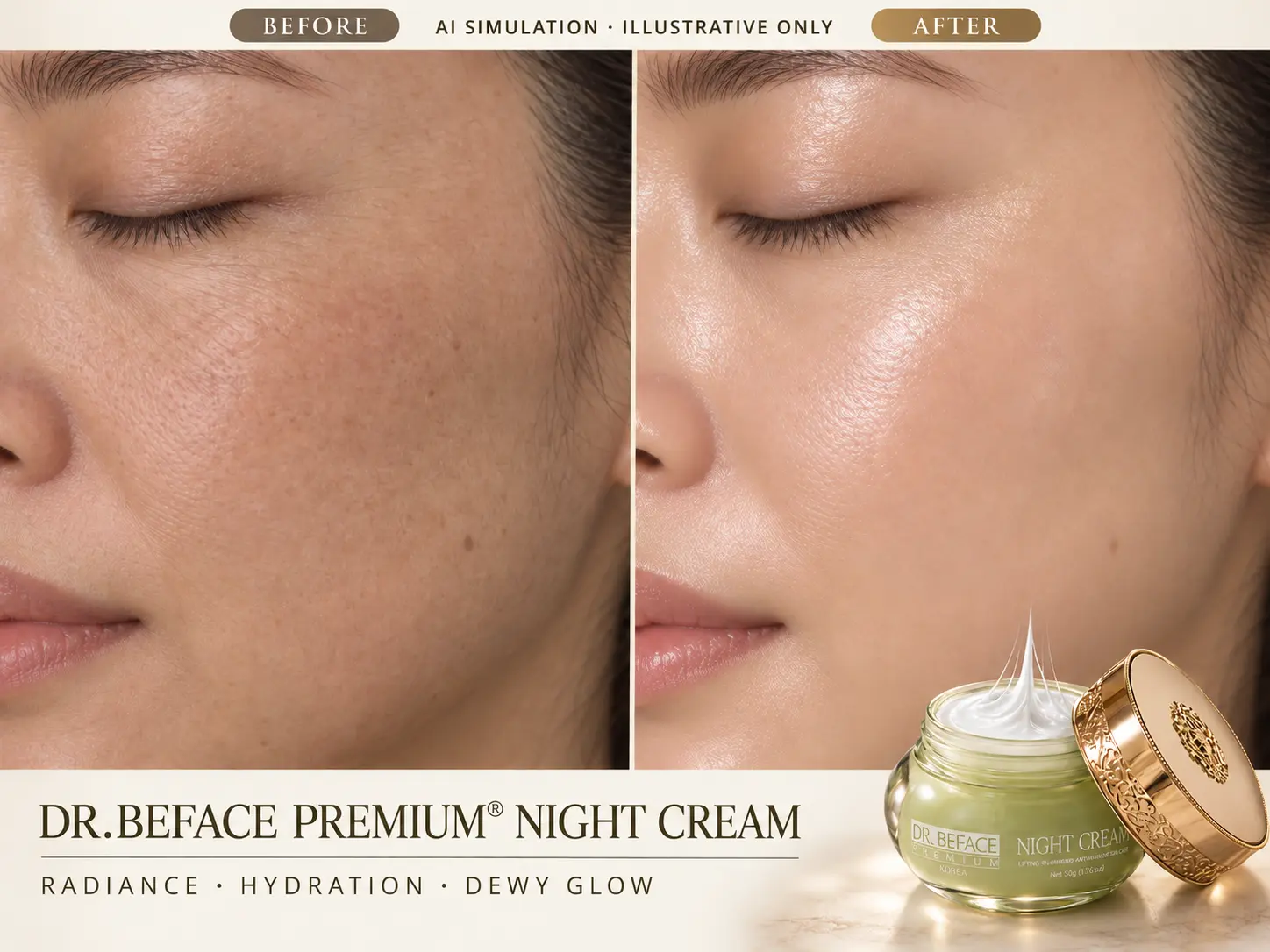 Hình ảnh mô phỏng làn da trước và sau khi sử dụng DR.BEFACE PREMIUM® NIGHT CREAM.