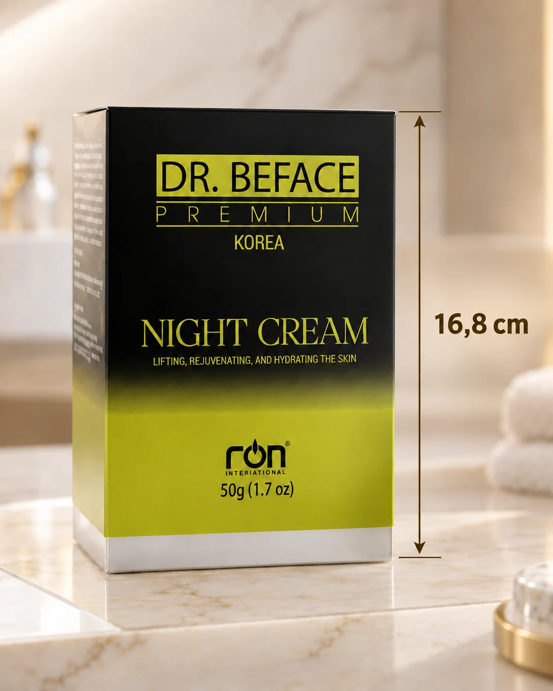 Hộp DR.BEFACE PREMIUM® NIGHT CREAM với kích thước 16,8 cm.