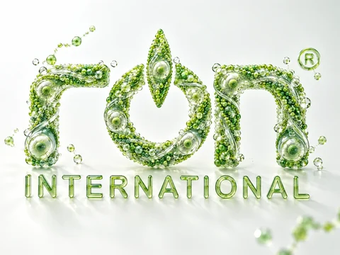 Logo RON INTERNATIONAL® từ chuỗi peptide và cấu trúc mô phỏng tế bào gốc.