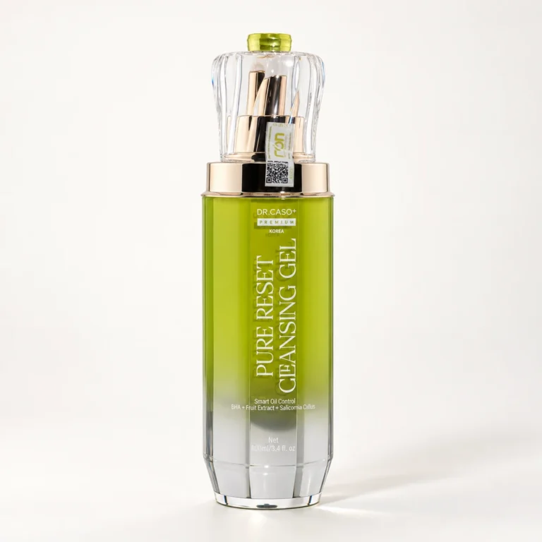 Chai PURE RESET CLEANSING GEL DR.CASO+ PREMIUM® 100 ml chụp chính diện trên nền trắng ngà.