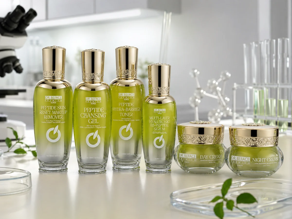 Bộ DR.BEFACE PREMIUM® gồm bốn chai và hai hũ kem, được xếp thành hàng trên bệ sáng.