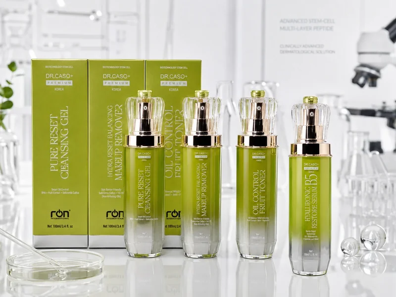 Bộ sản phẩm DR.CASO+ PREMIUM® cùng hộp sản phẩm trên bàn trưng bày