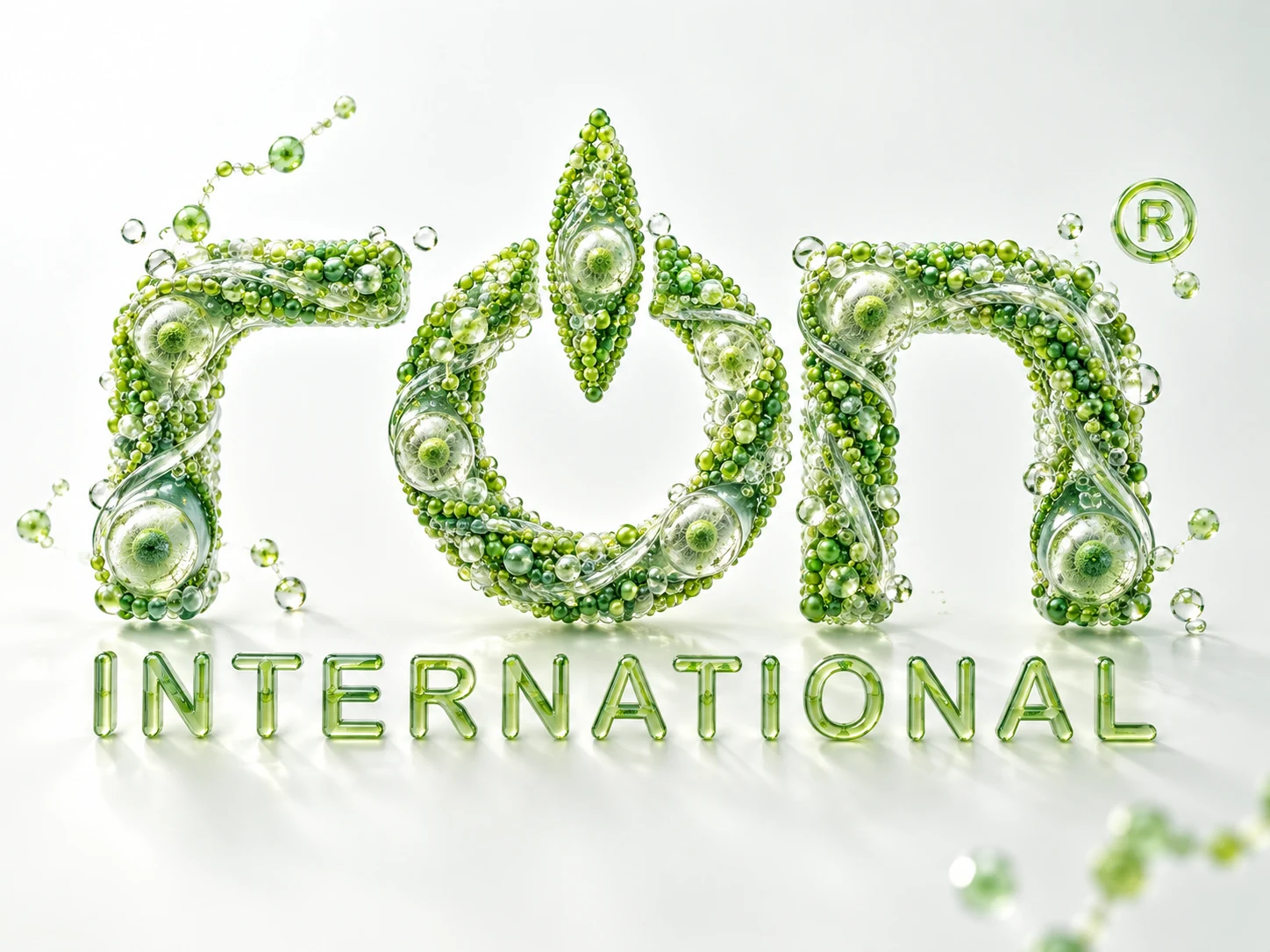 Logo RON INTERNATIONAL® tạo hình từ các cấu trúc phân tử màu xanh.