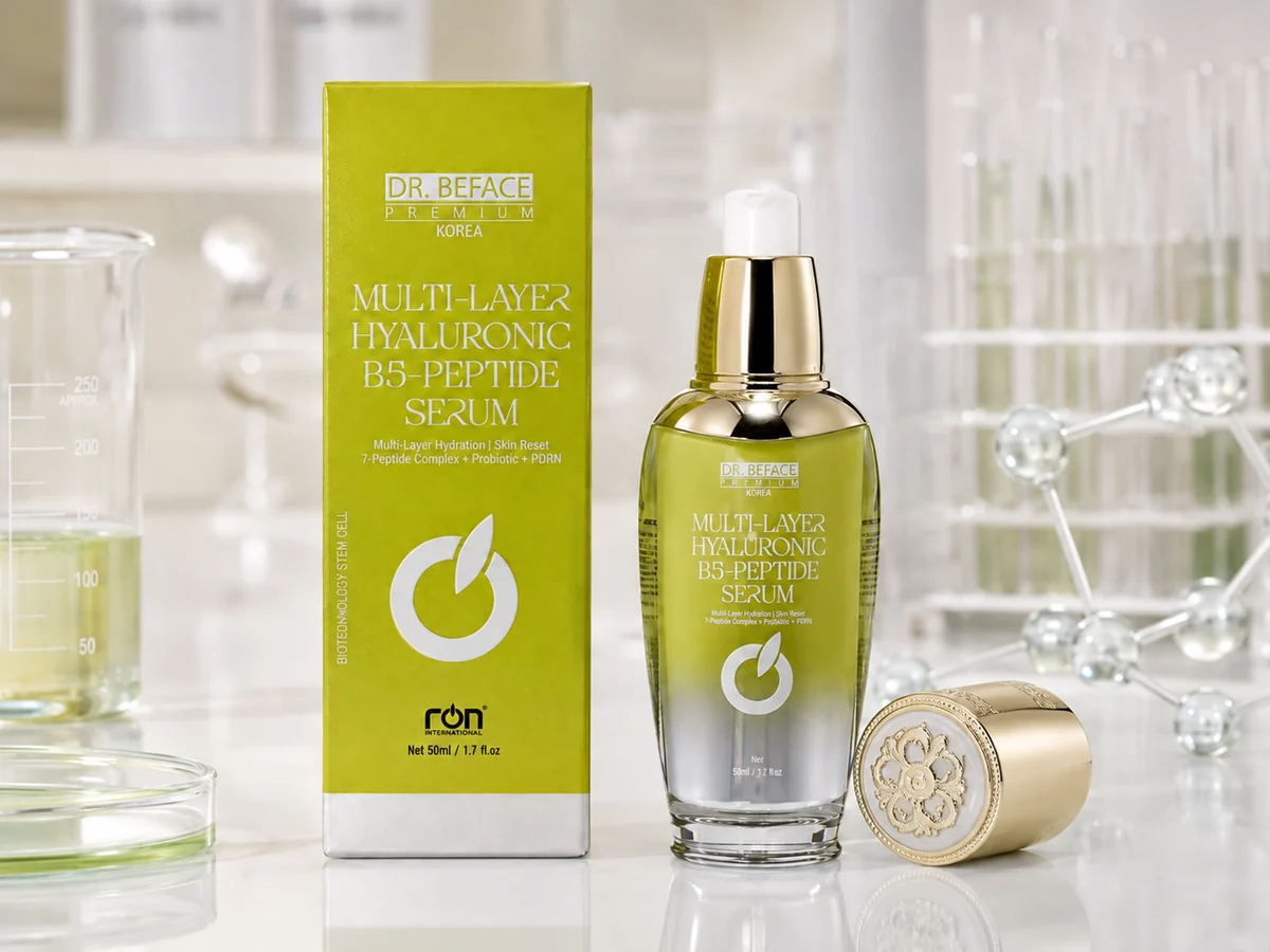 Chai Multi-Layer Hyaluronic B5-Peptide Serum mở nắp, đặt cạnh hộp và nắp vàng.