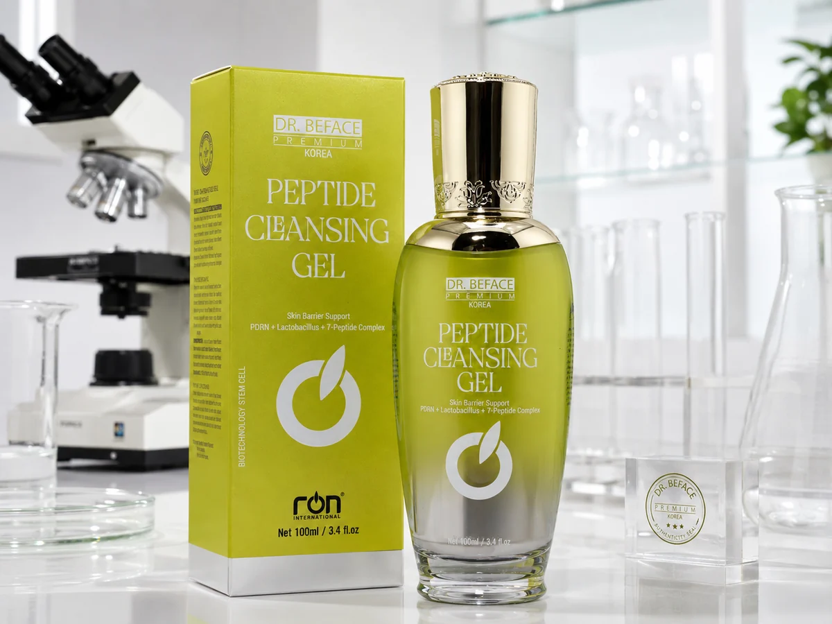 Chai Peptide Cleansing Gel nắp vàng cùng hộp xanh lime bên dụng cụ phòng lab.