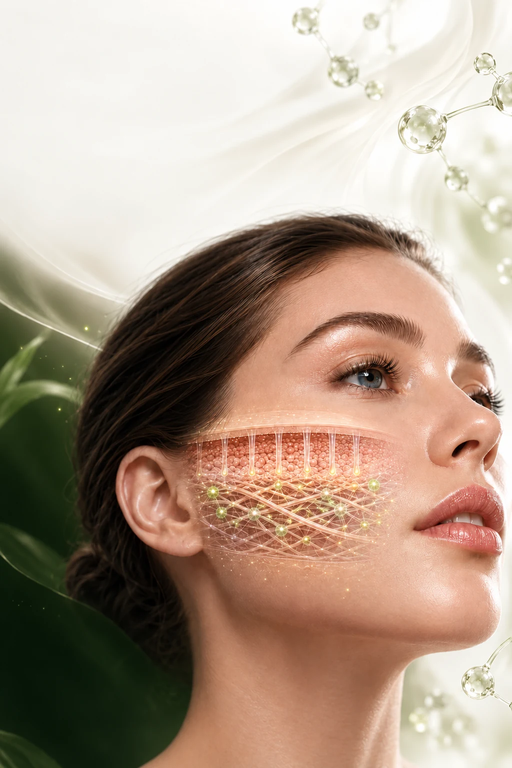 Gương mặt phụ nữ với mô hình da và mạng sợi phát sáng trên má, nền kem xanh. Hình ảnh mô phỏng nghệ thuật, không theo tỷ lệ giải phẫu.