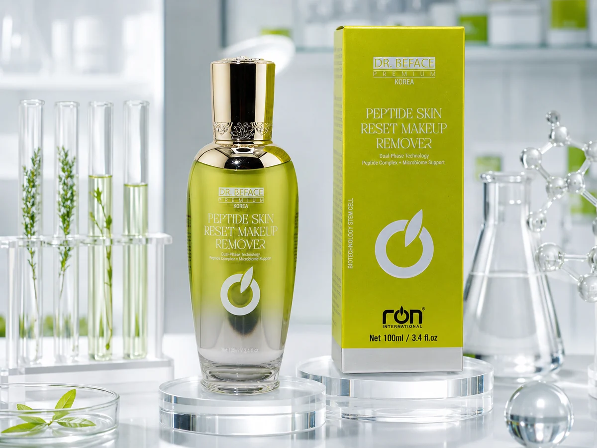 Chai Peptide Skin Reset Makeup Remover và hộp trên hai bệ trong suốt.
