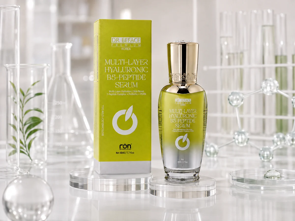 Chai Multi-Layer Hyaluronic B5-Peptide Serum cùng hộp trên đế trong suốt.